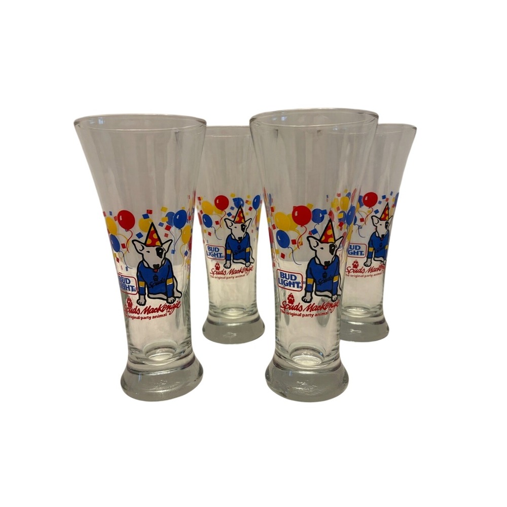 Bud Light - Spuds MacKenzie flared Pilsner beer glasses 1987 (4)